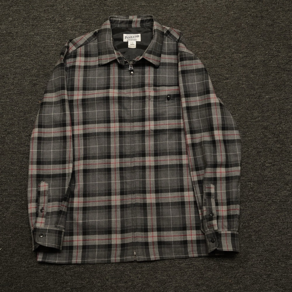 Vintage 1990s Pendleton Plaid Zip Up Rider Shirt 100% Virgin Wool Flannel Large